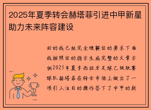 2025年夏季转会赫塔菲引进中甲新星助力未来阵容建设