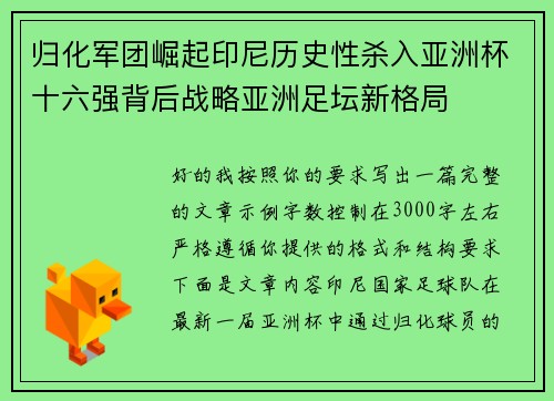 归化军团崛起印尼历史性杀入亚洲杯十六强背后战略亚洲足坛新格局