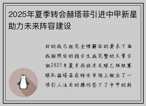 2025年夏季转会赫塔菲引进中甲新星助力未来阵容建设