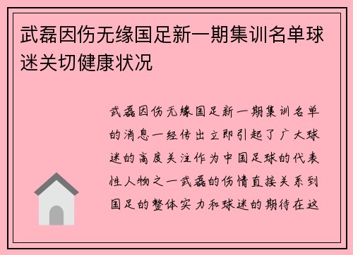 武磊因伤无缘国足新一期集训名单球迷关切健康状况